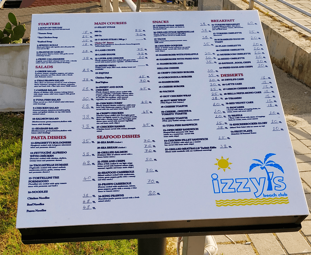 Пример меню в Турции