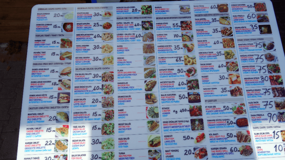 Пример меню в Турции