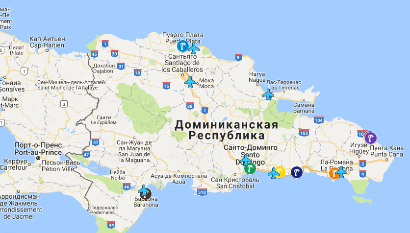 Карта Доминиканы +с курортами +на русском языке