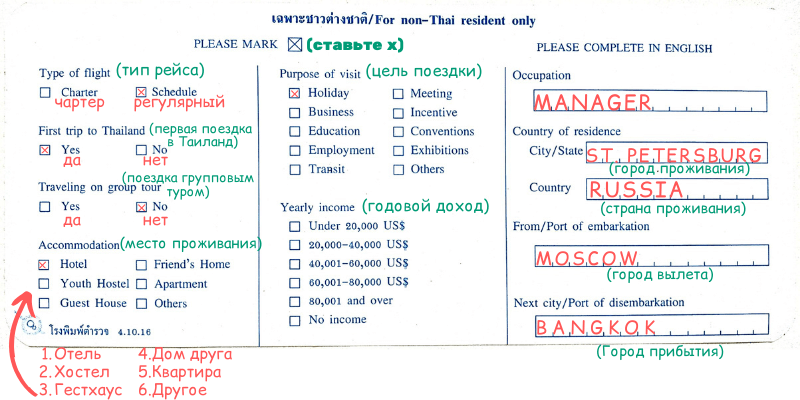 Образец заполненной въездной карты Arrival card (страница 2) Таиланд