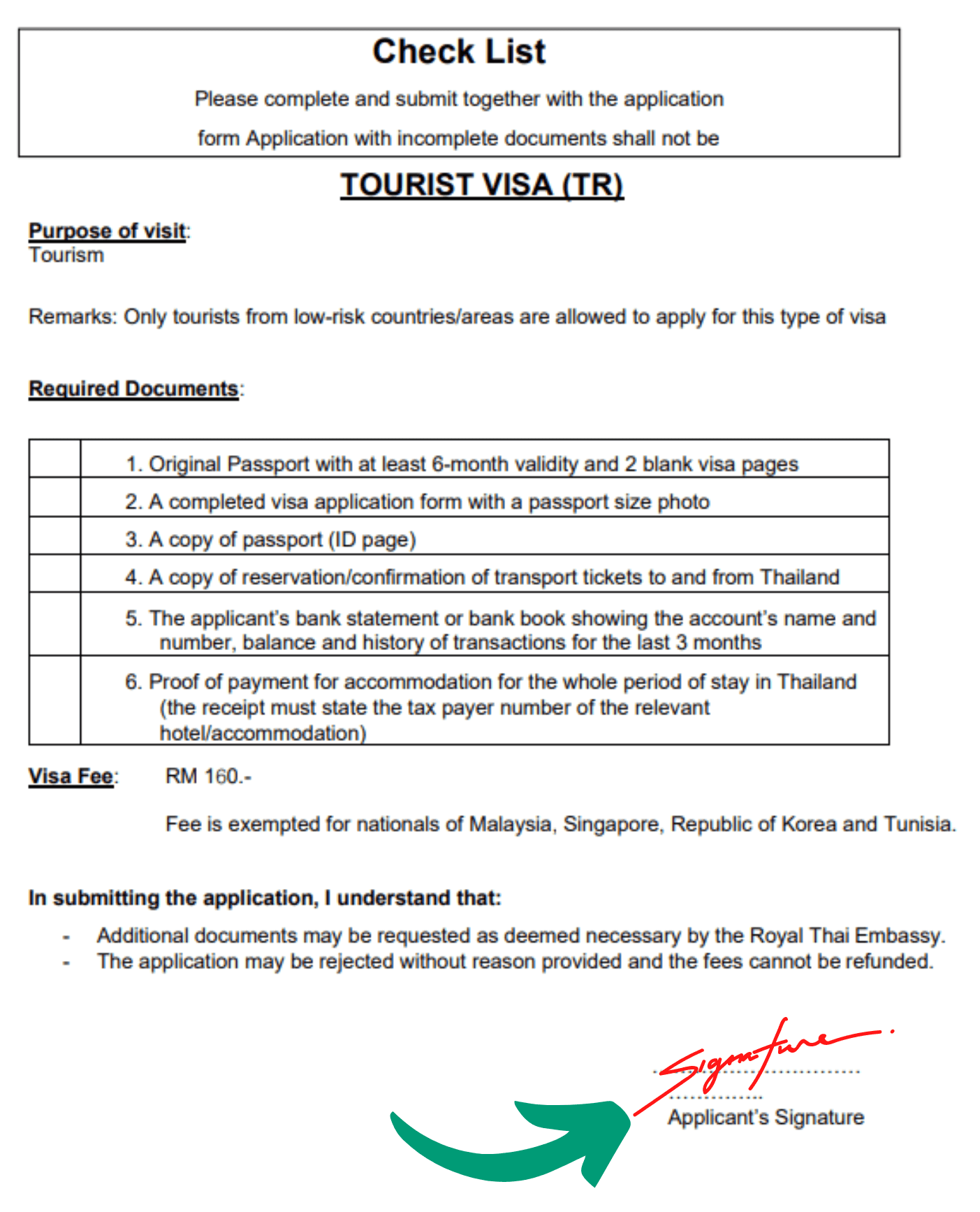 Образец списка документа для тайской визы в Малайзии