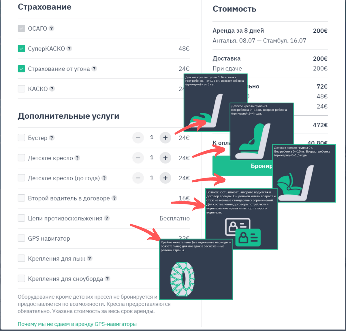 Дополнительные услуги и страховка авто на сайте myrentacar